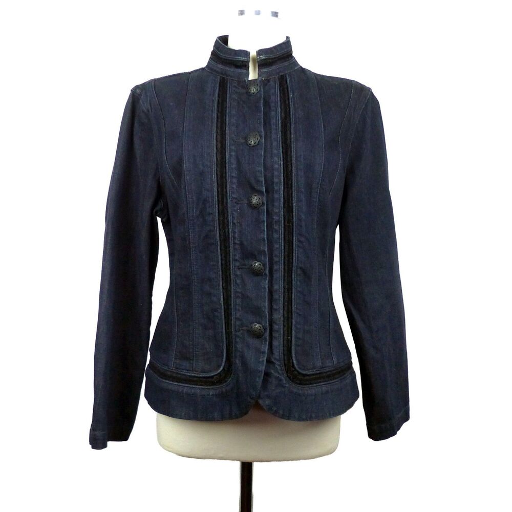 Chicos Platinum Denim Military Jacket Size 2 Velvet Lace Victorian Goth Romantic